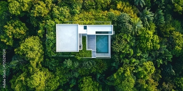Obraz A modern, minimalist house nestled in a lush, green forest, with a rooftop pool and a small deck, surrounded by dense foliage and trees.
