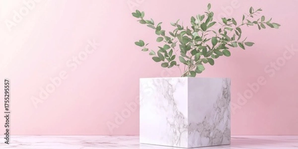 Fototapeta A white marble vase with green leaves on a pink background.