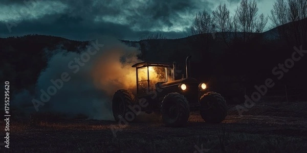 Obraz A tractor with its headlights on, emitting a bright orange light, driving through a field at night with a dark, cloudy sky in the background.