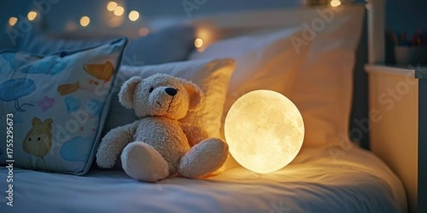 Obraz Teddy bear and moon lamp on a bed with pillows and a nightstand in the background, illuminated by a warm light.