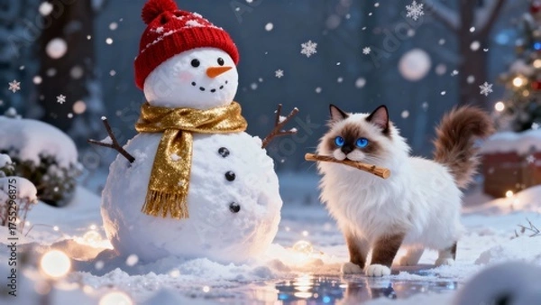 Fototapeta An Adorable Puppy Bringing a Stick Beside a Smiling Snowman. 