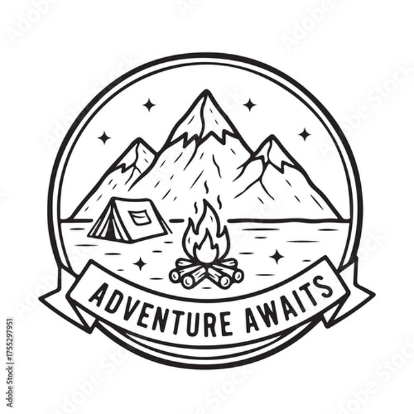 Fototapeta Minimal line art logo featuring a glowing campfire, a small tent, and stylized mountain peaks with text advecture awaits vector iillustration