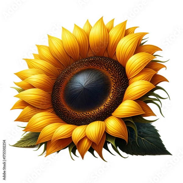 Fototapeta Ripe sunflower with yellow petals and dark middle, isolated on white background