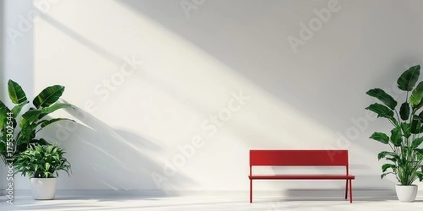 Obraz A minimalist white room with a red bench and green plants, featuring a large window with sunlight casting shadows on the wall.