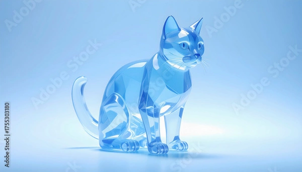 Obraz クリスタル・ガラス・プラスチックのような透明な素材でできた猫　青い背景