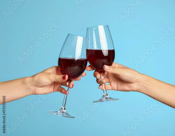 Obraz 乾杯してグラスを合わせる手　ワイン・アルコール・パーティー・お祝いのイメージ　青い背景