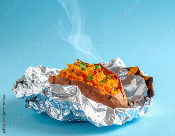 Obraz 水色の背景　湯気をあげるサツマイモの焼き芋　食事・軽食・食べ物・秋