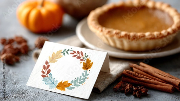 Fototapeta A warm autumn-themed greeting card, with copy space for text, a colorful leaf wreath, and a gratitude message beside pumpkin pie and cinnamon sticks