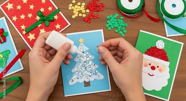 Obraz Hands crafting festive Christmas cards with glitter, sequins, and ribbons, featuring a decorated Christmas tree and Santa Claus design.