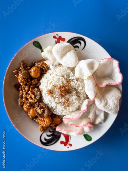 Fototapeta A delicious plate of Indonesian “Nasi Gila” served with white rice, spicy stir-fried toppings, and crispy crackers on a rooster-pattern plate over a blue background.