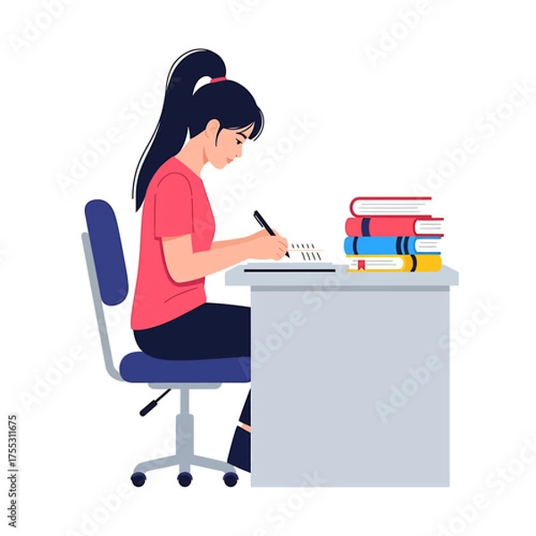 Fototapeta A young woman, with dark hair in a ponytail, sits at a desk, writing in a notebook.
