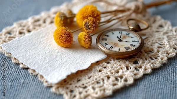 Fototapeta A vintage blank greeting card with intricate lace and faded textures beside a pocket watch and dried flowers, with copy space for text