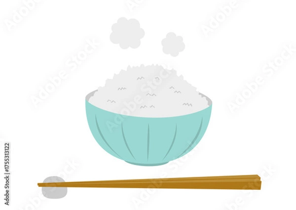 Fototapeta 水色の茶碗に盛られた暖かい白米と箸のイラスト
