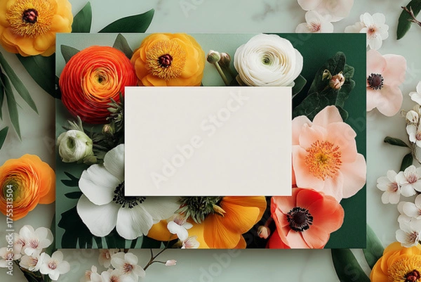Fototapeta Elegant Floral Paper Frame with Colorful Flowers and Green Leaves