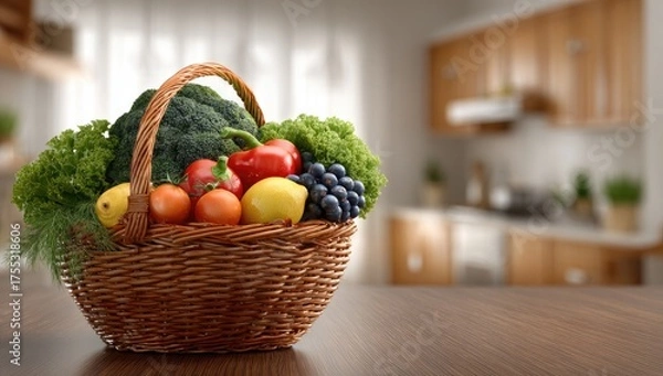 Obraz Woven basket overflowing with fresh fruits and vegetables