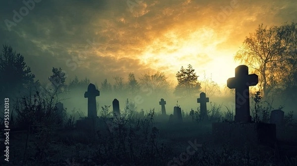 Fototapeta A misty, eerie graveyard with gravestones and trees in the fog.