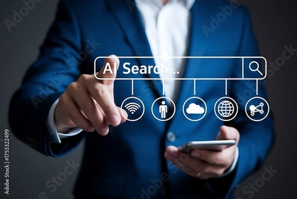 Fototapeta AI Search Engine Technology Concept. A person interacts with search bar AI Search, representing artificial intelligence, chatbot, data cloud, global connectivity, and future search engine innovation.