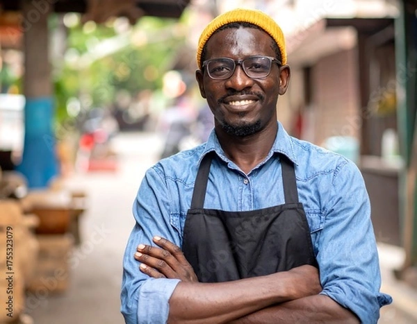 Obraz Portrait of a smiling Black man with glasses, wearing a yellow cap and apron