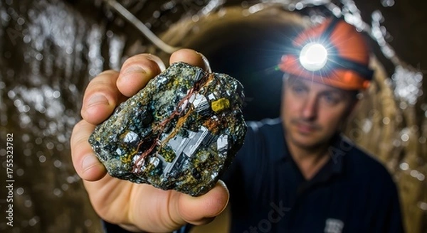 Fototapeta Miner shows unique ore, symbolizing raw material discovery and resource future
