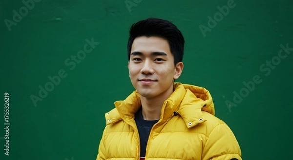 Obraz Portrait of a smiling young Asian man against a textured green background, wearing a yellow jacket