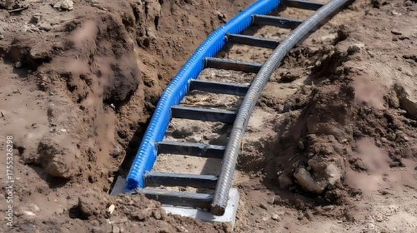 Fototapeta Curved Electrical Pathway Installed in a Trench for Utility Lines