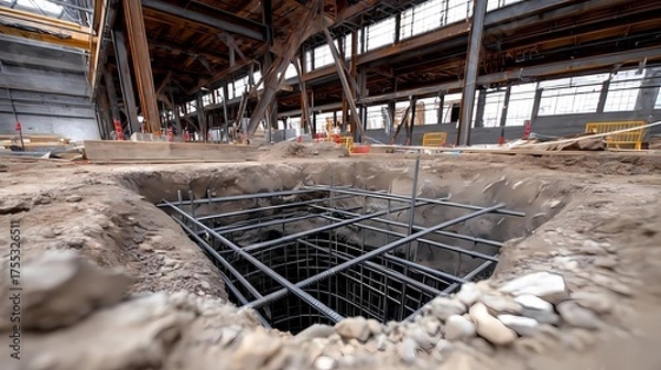Fototapeta Construction Site Foundation Excavation with Reinforcement Steel Bars