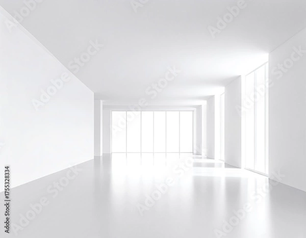 Obraz A bright, airy white room featuring expansive floor-to-ceiling windows that flood the space with natural light, complemented by a sleek white floor.