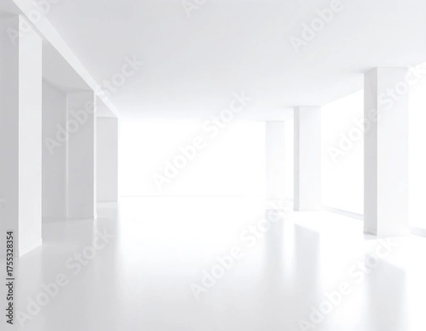 Obraz A bright, airy white room featuring two large windows, one of which is open, allowing soft sunlight to stream in and gently flutter the curtains.