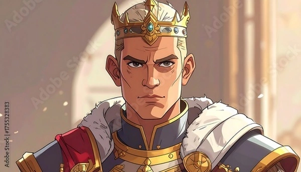 Obraz Portrait of a stern-faced king, adorned in regal attire and a golden crown