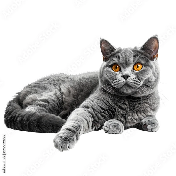 Obraz - A calm British Shorthair cat lying on its side, facing forward with gentle expression, thick plush gray fur and round amber eyes, paws stretched slightly forward, natural shadows a