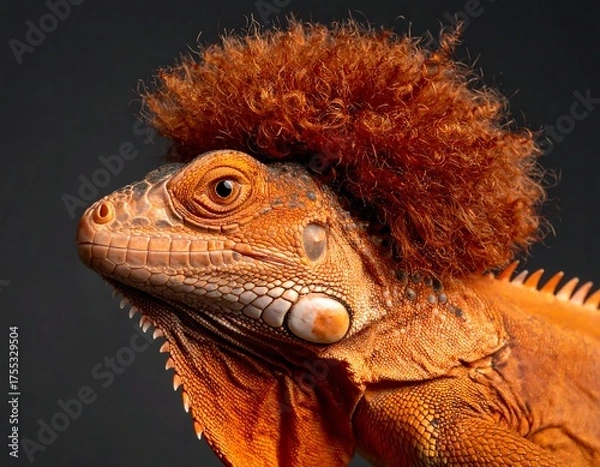 Obraz Portrait of a vibrant red iguana with a quirky orange, curly wig against a dark grey backdrop