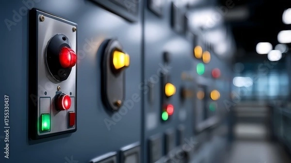 Obraz Control Panel with Colorful Buttons and Lights in Modern Facility