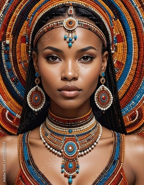 Obraz Portrait of a woman, adorned in ornate jewelry, against a vibrant, concentric patterned backdrop