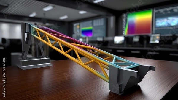 Obraz Colorful Bridge Model on Desk with Digital Displays in Background