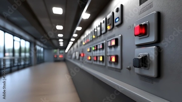 Fototapeta Control Panel with Light Indicators in Modern Industrial Setting