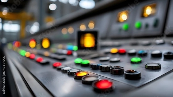 Fototapeta Control Panel with Colorful Buttons and Lights in Industrial Setting