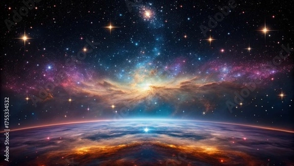 Fototapeta Vibrant nebula glow over earth s horizon under a starry sky