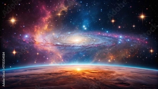 Fototapeta Vibrant spiral galaxy over a glowing planet horizon
