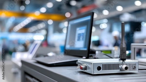 Fototapeta Computer Setup with Modern Device and Antenna in Conference Space