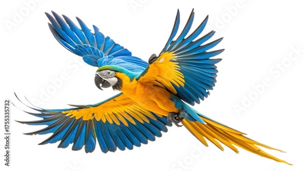 Obraz Blue and Yellow Macaw with Extended Wings Vibrant Colorful Tropical Bird in Flight