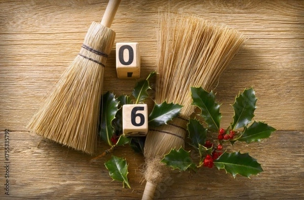Fototapeta Epiphany Concept: Brooms, Holly and Wooden Cubes with Number 06 on Wood.