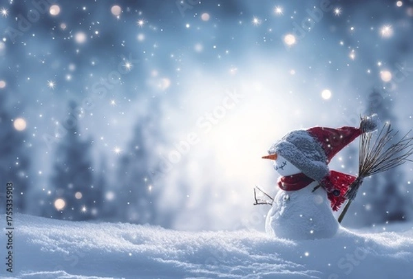 Fototapeta Snowman in Snowy Landscape with Bokeh and Stars.