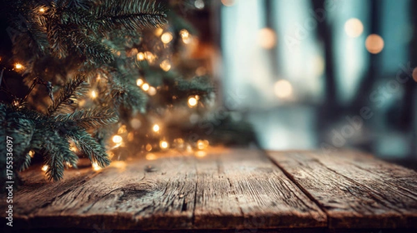 Fototapeta Christmas Background with Wood Table and Tree with Bokeh Lights.