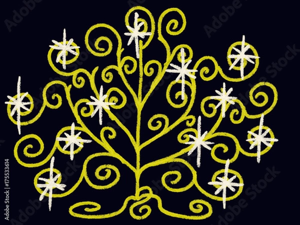 Obraz Colorful drawn bright abstract Christmas tree with lights for greeting card or advertisement on dark blue background, cartoon illustration painted by pencil paper chalk, high quality
