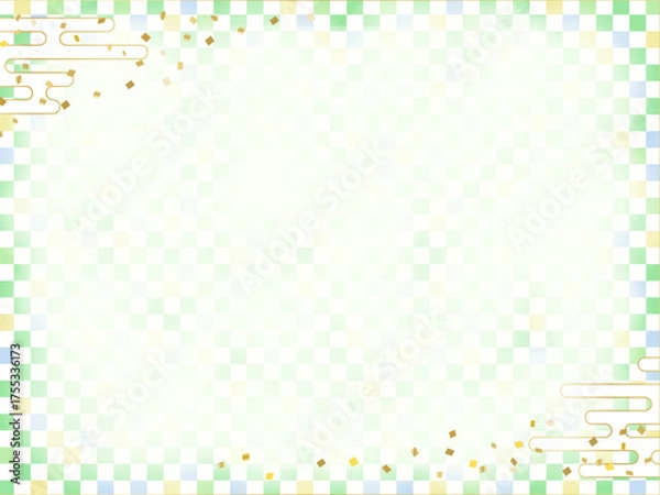 Obraz 緑の和柄の背景、市松模様のフレーム
