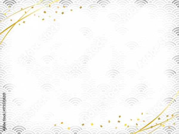 Obraz グレーの和柄の背景、青海波模様のフレーム