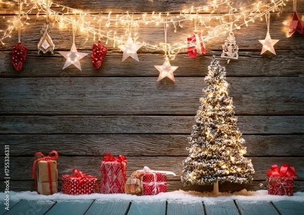 Fototapeta Cozy Christmas Scene with Tree and Presents