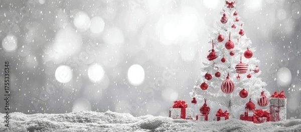 Fototapeta White Christmas Tree with Red Ornaments and Gifts in Snow