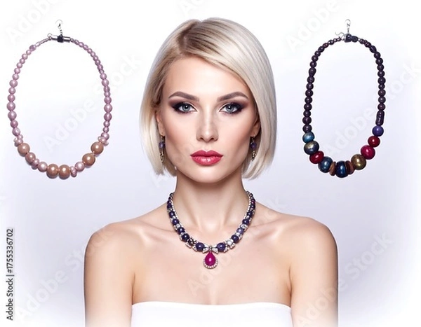 Obraz Portrait of a woman wearing multiple necklaces, showcasing beauty and fashion accessories