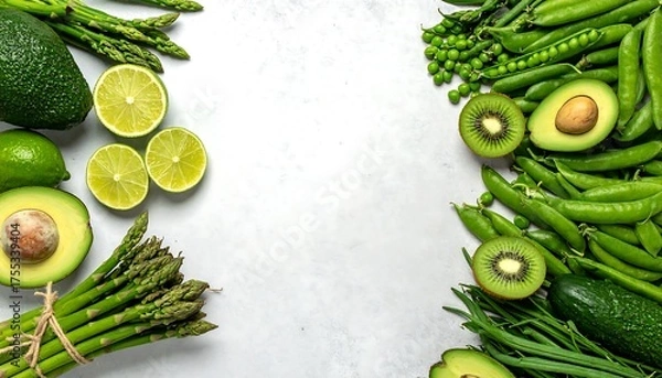 Obraz Fresh Green Vegetables and Fruits on a White Background.